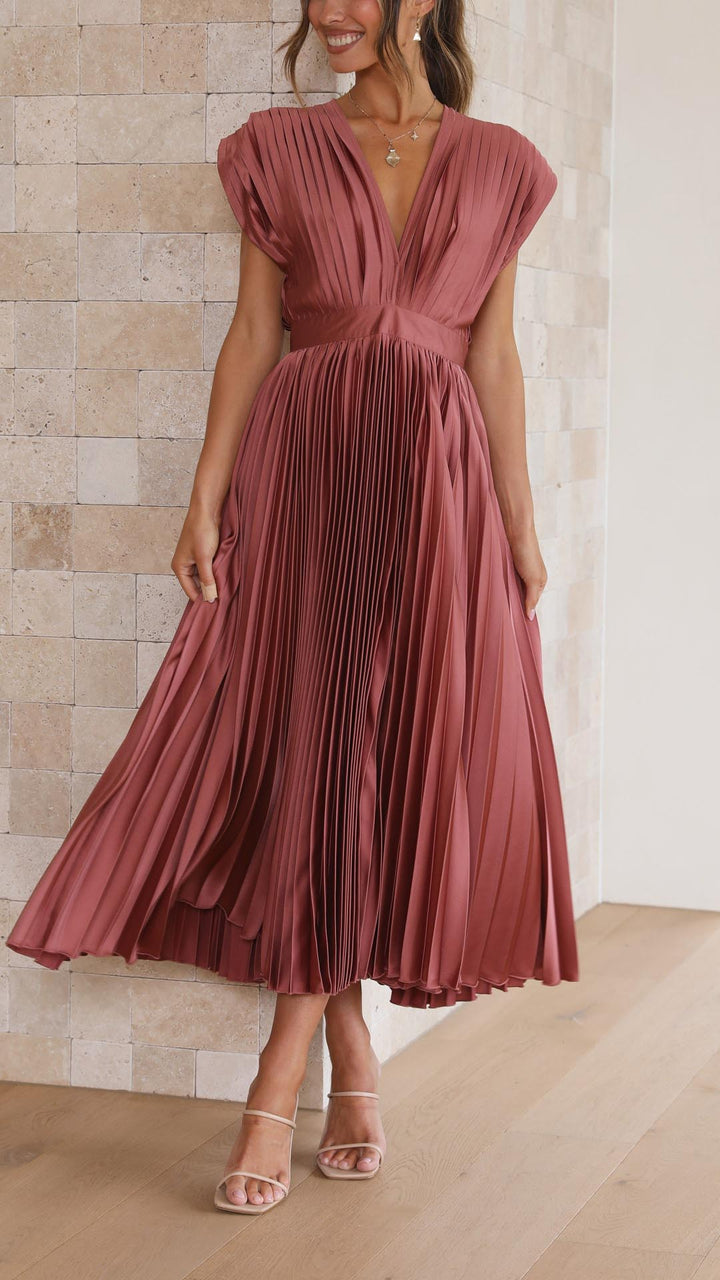 Pleated Maxi Wedding Guest Dress with V-Neck