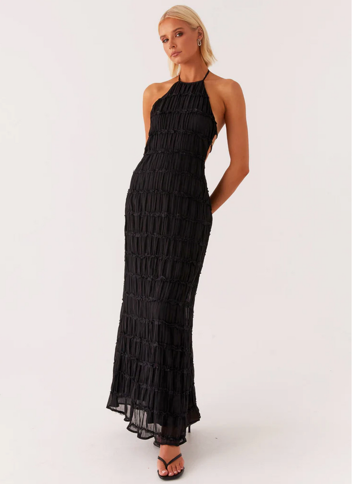 Pleated Open-Back Maxi Dress with Halter Neckline