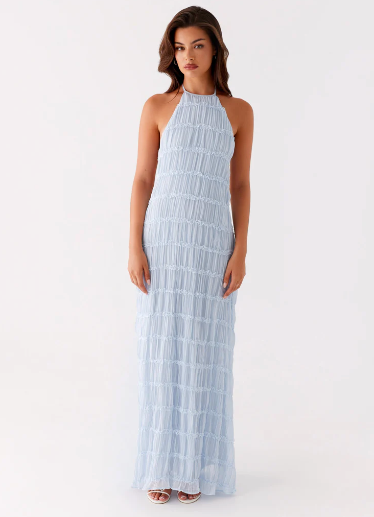Pleated Open-Back Maxi Dress with Halter Neckline