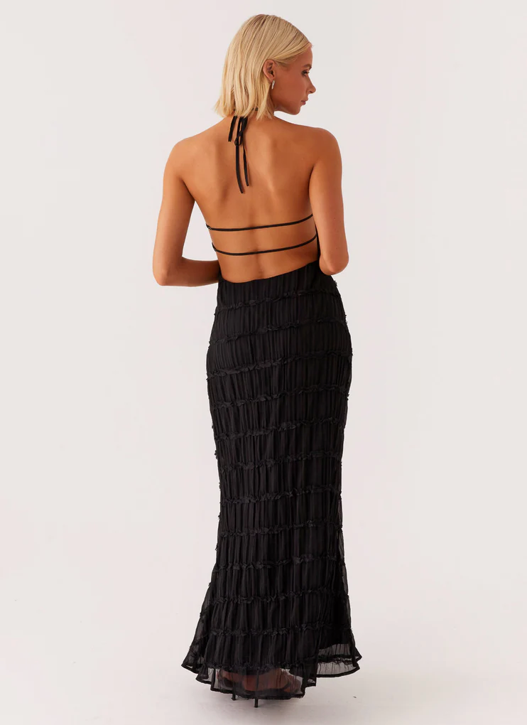 Pleated Open-Back Maxi Dress with Halter Neckline