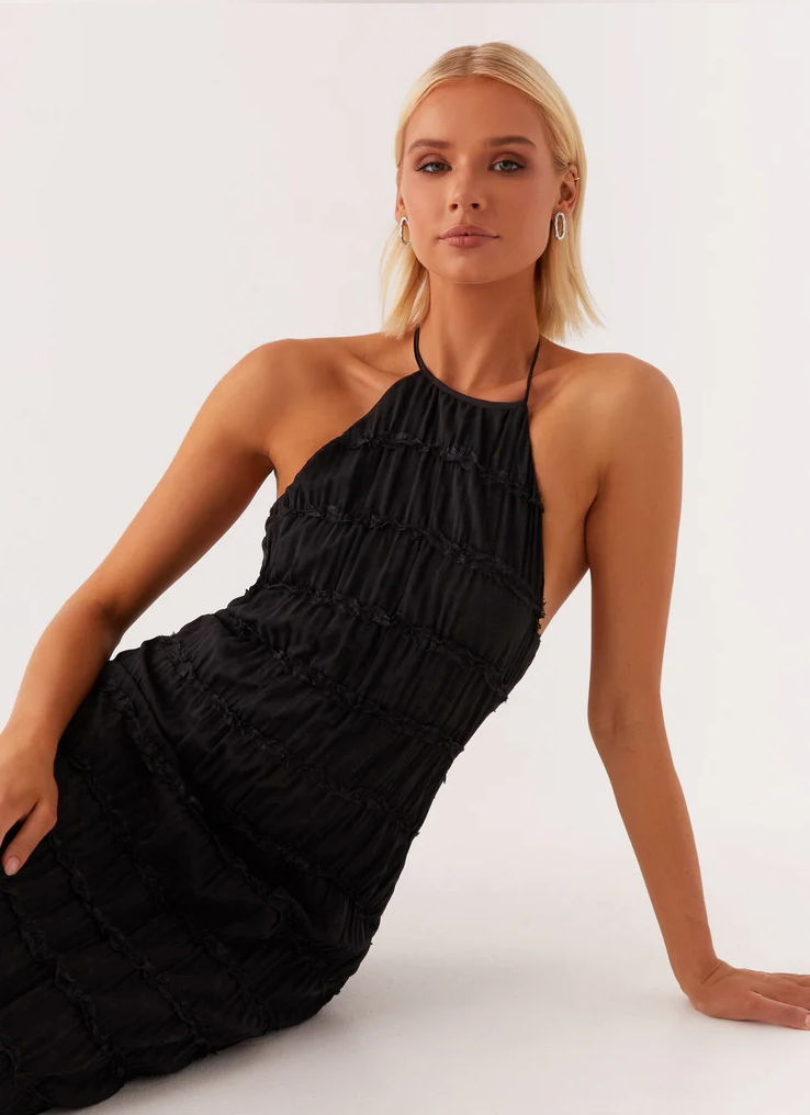 Pleated Open-Back Maxi Dress with Halter Neckline