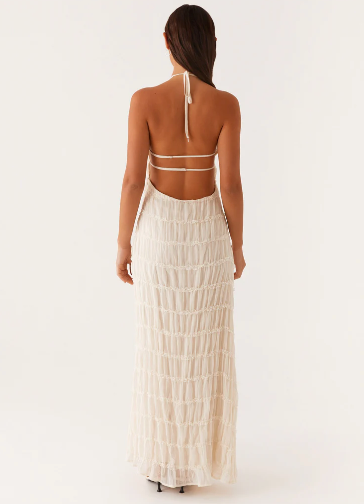 Pleated Open-Back Maxi Dress with Halter Neckline
