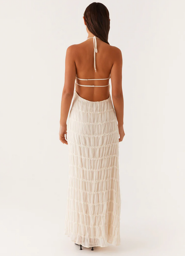 Pleated Open-Back Maxi Dress with Halter Neckline