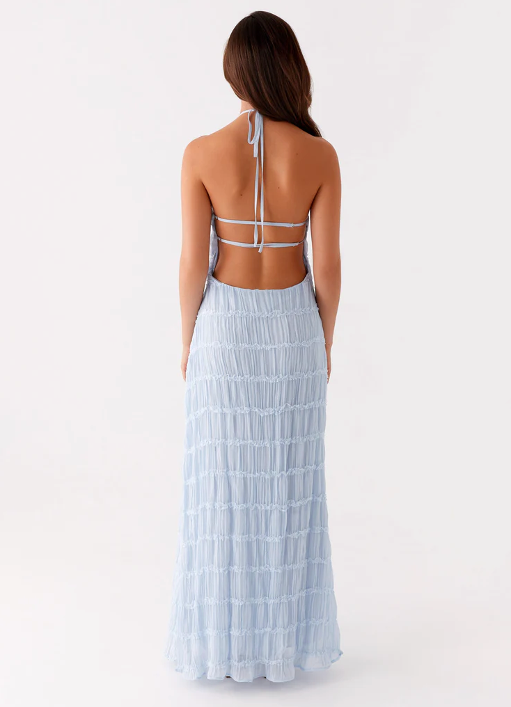 Pleated Open-Back Maxi Dress with Halter Neckline