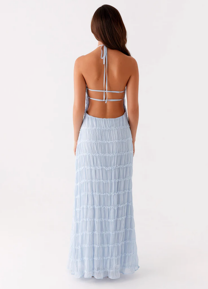 Pleated Open-Back Maxi Dress with Halter Neckline