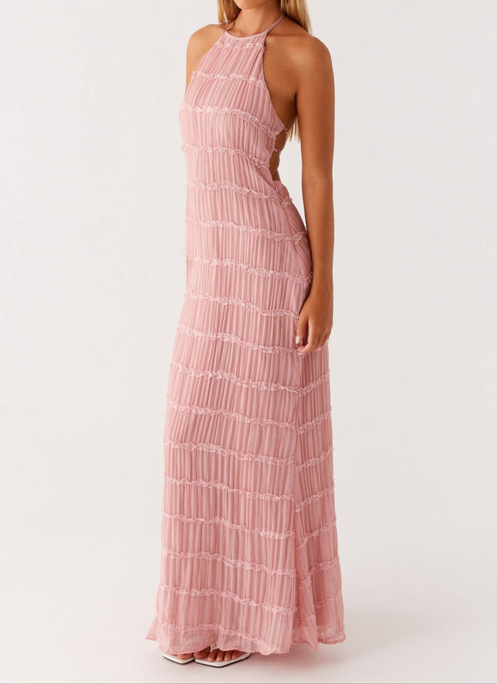 Pleated Open-Back Maxi Dress with Halter Neckline