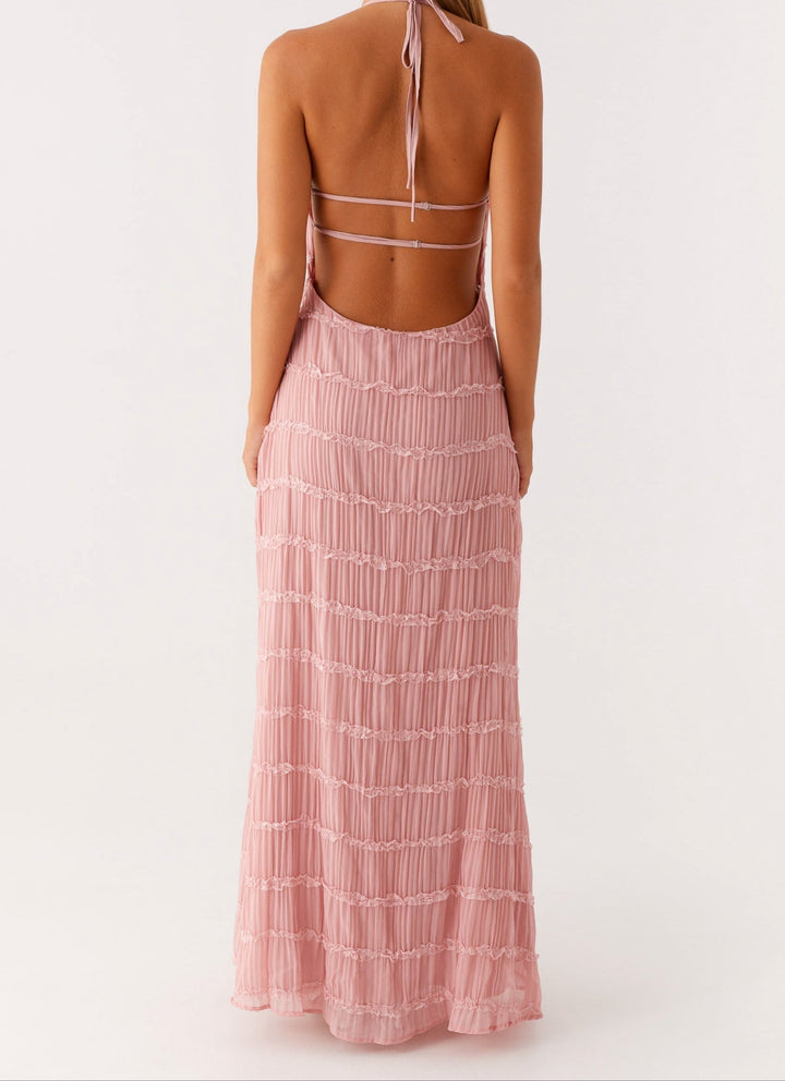 Pleated Open-Back Maxi Dress with Halter Neckline