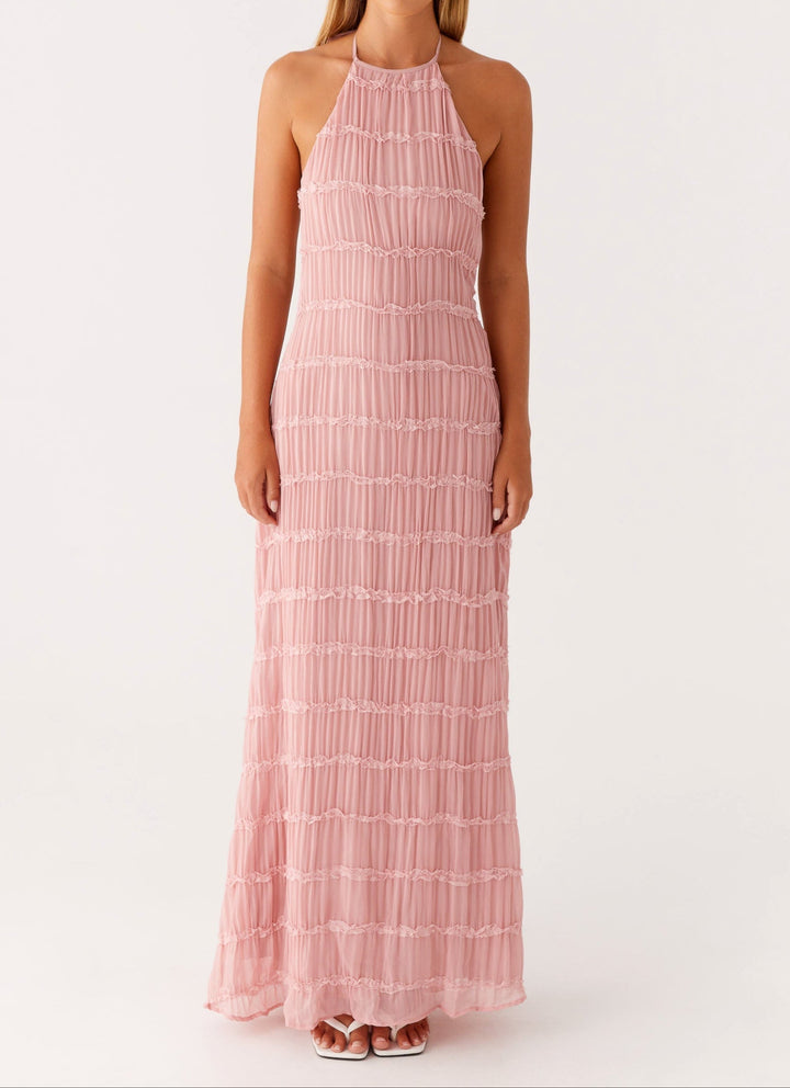 Pleated Open-Back Maxi Dress with Halter Neckline