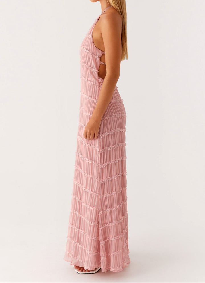 Pleated Open-Back Maxi Dress with Halter Neckline