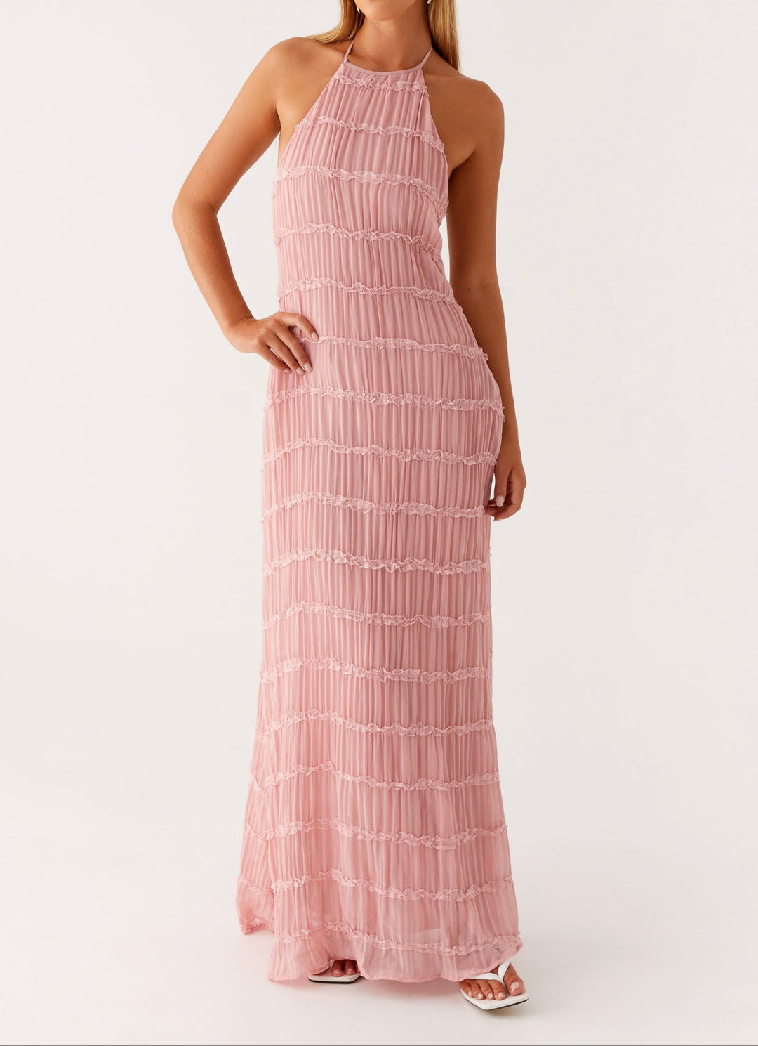 Pleated Open-Back Maxi Dress with Halter Neckline