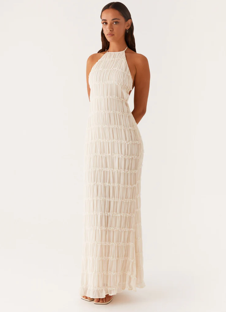 Pleated Open-Back Maxi Dress with Halter Neckline