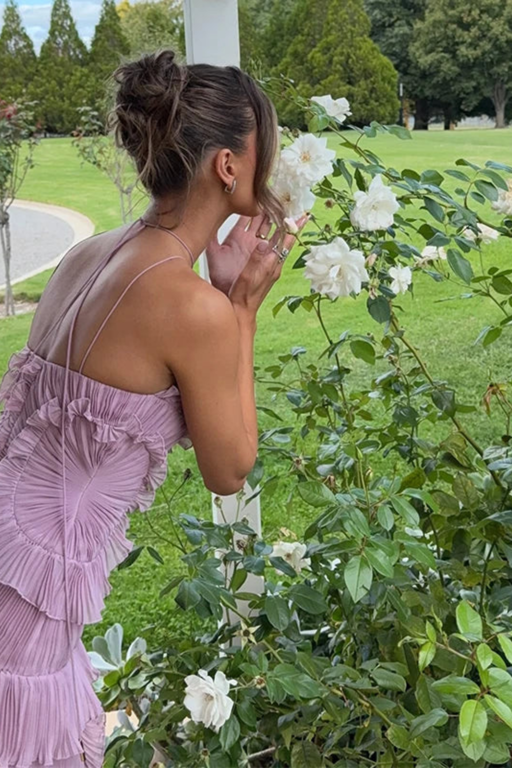 Pleated Ruched Ruffle Maxi Wedding Guest Dress with Halter Neckline