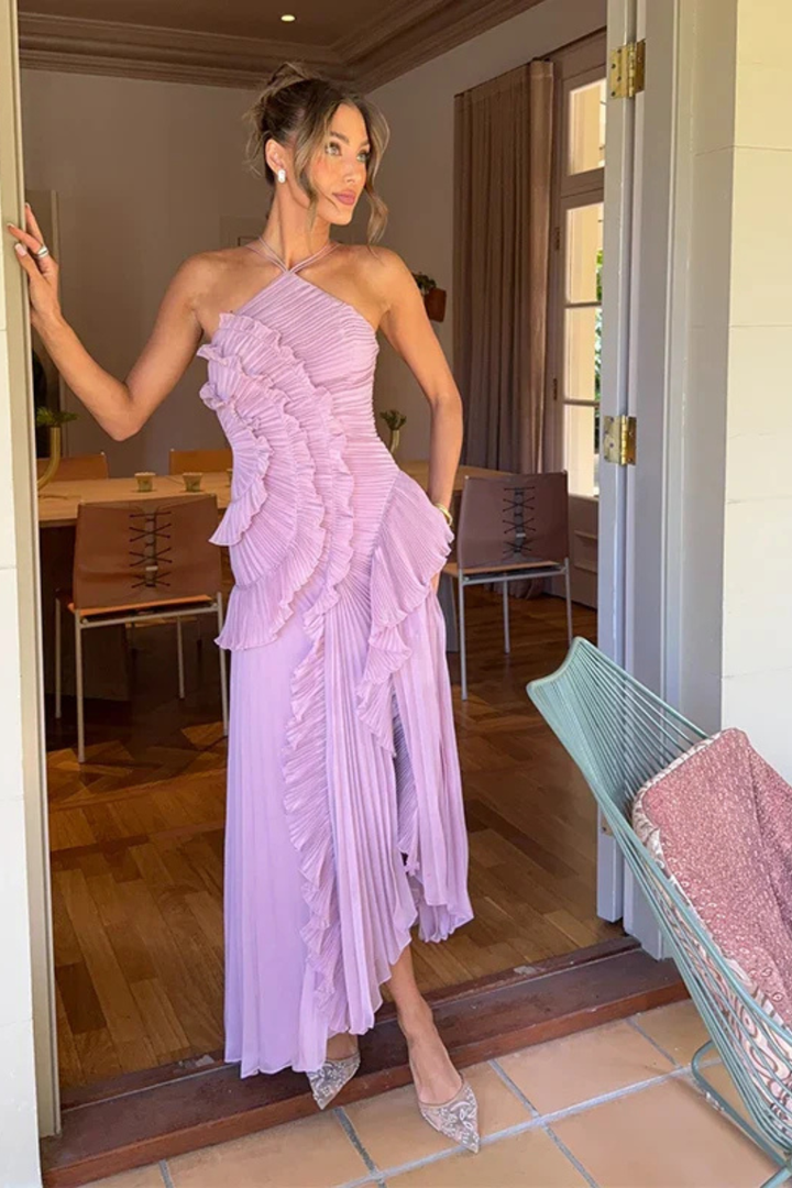 Pleated Ruched Ruffle Maxi Wedding Guest Dress with Halter Neckline