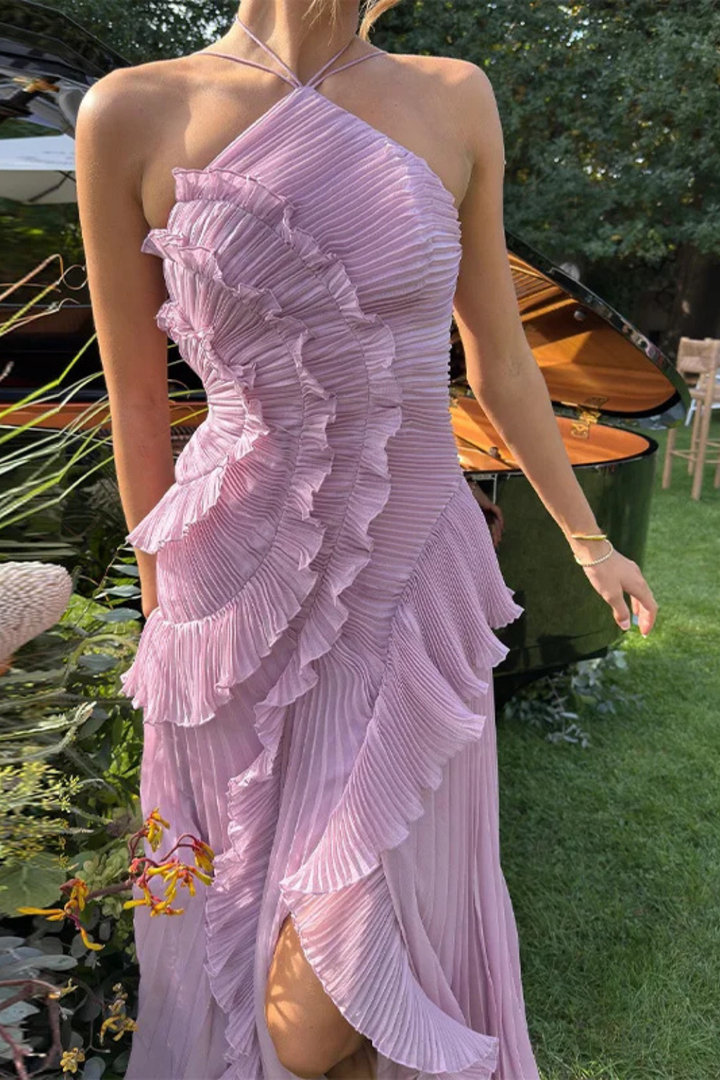 Pleated Ruched Ruffle Maxi Wedding Guest Dress with Halter Neckline