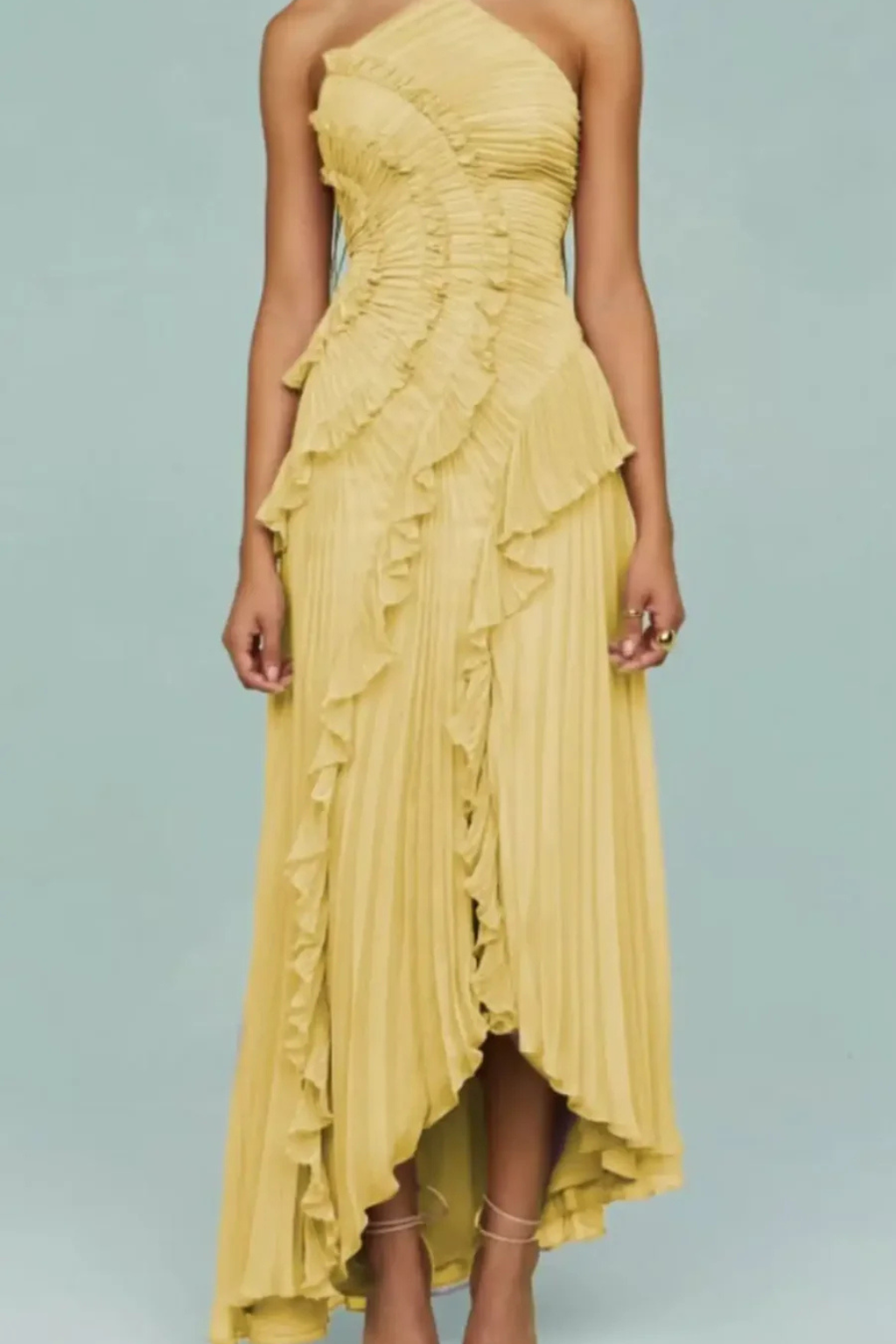 Pleated Ruched Ruffle Maxi Wedding Guest Dress with Halter Neckline
