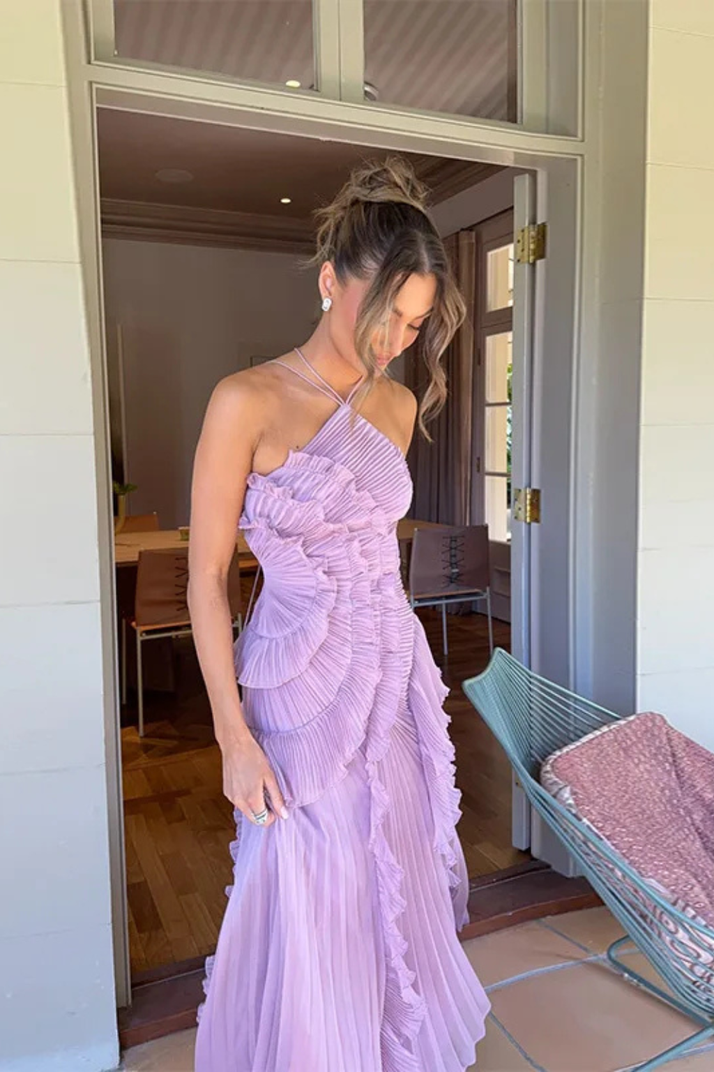 Pleated Ruched Ruffle Maxi Wedding Guest Dress with Halter Neckline