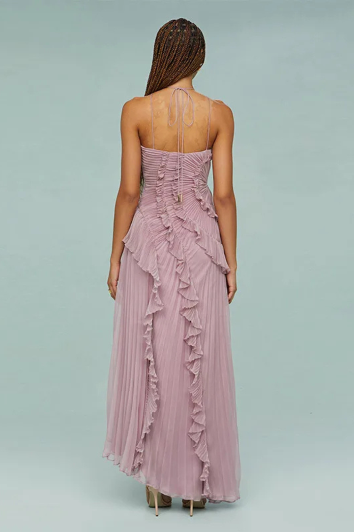 Pleated Ruched Ruffle Maxi Wedding Guest Dress with Halter Neckline