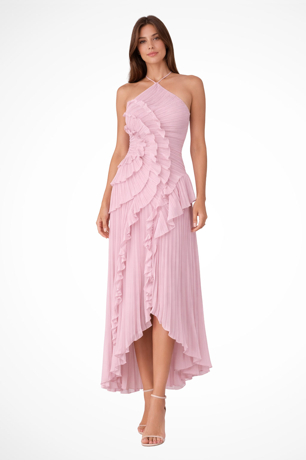 Pleated Ruched Ruffle Maxi Wedding Guest Dress with Halter Neckline