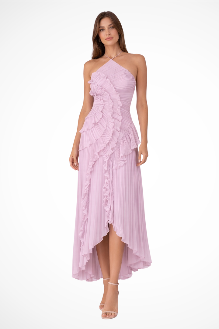 Pleated Ruched Ruffle Maxi Wedding Guest Dress with Halter Neckline