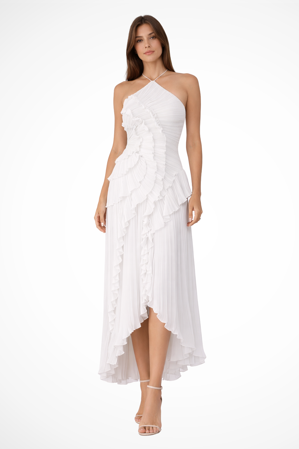 Pleated Ruched Ruffle Maxi Wedding Guest Dress with Halter Neckline