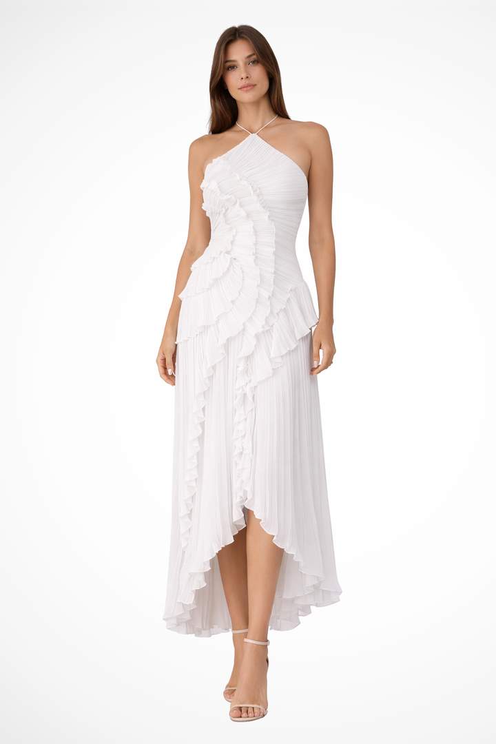 Pleated Ruched Ruffle Maxi Wedding Guest Dress with Halter Neckline