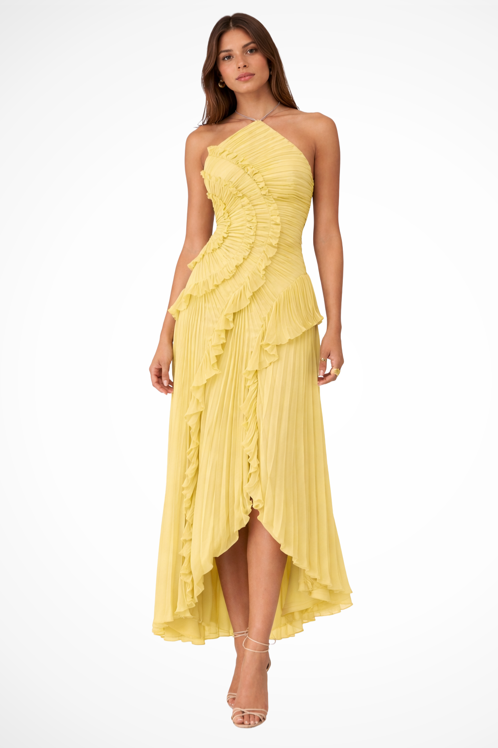 Pleated Ruched Ruffle Maxi Wedding Guest Dress with Halter Neckline