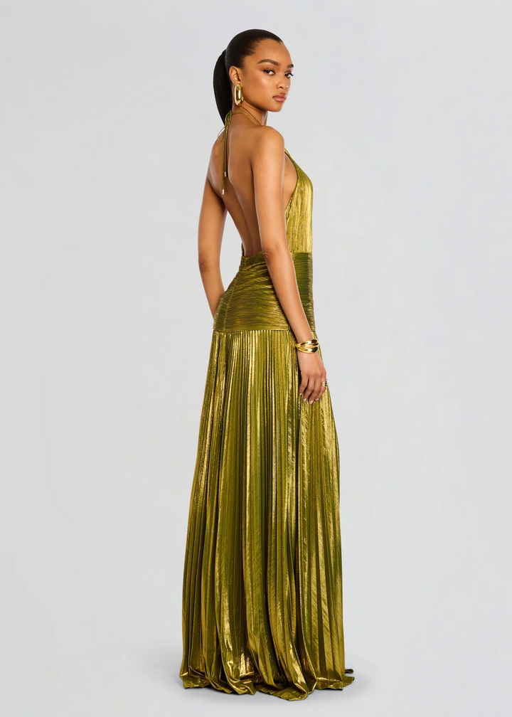 Pleated Ruched Slit Maxi Dress with Halter Neckline