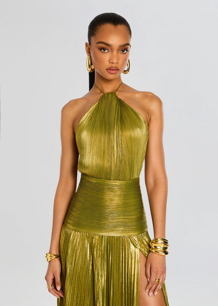 Pleated Ruched Slit Maxi Dress with Halter Neckline