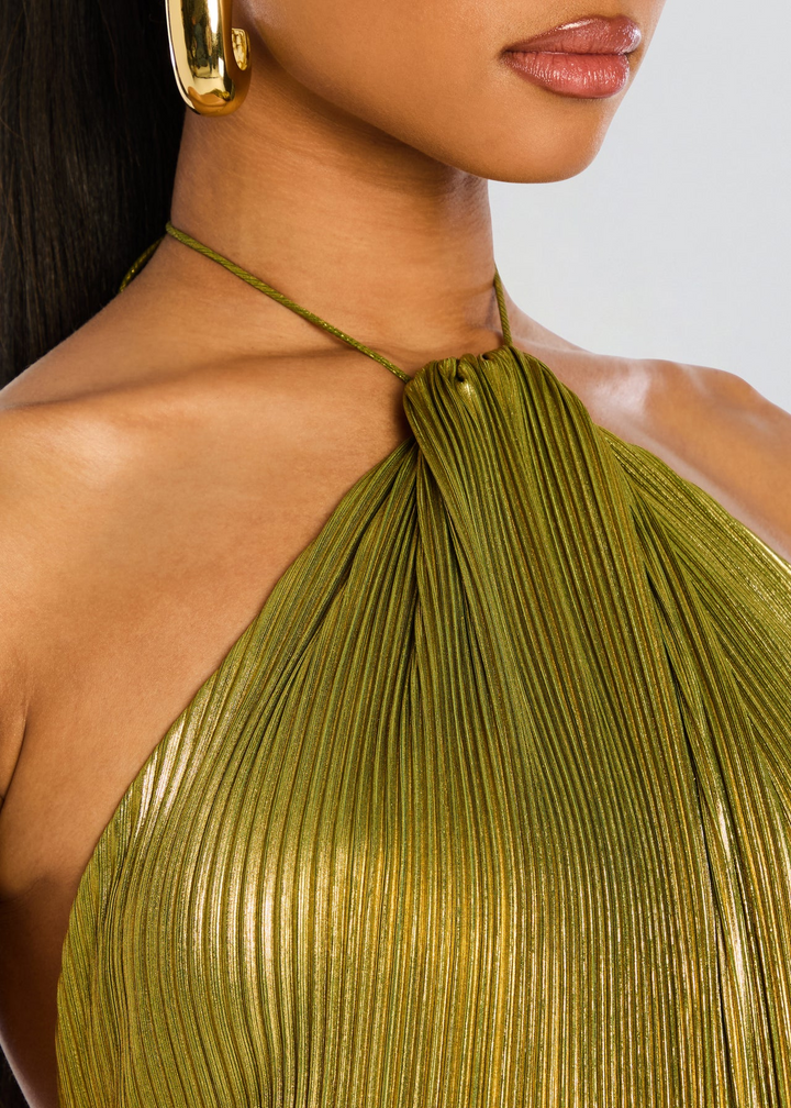 Pleated Ruched Slit Maxi Dress with Halter Neckline