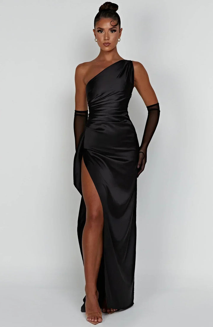 Pleated Slit Dress with One-Shoulder
