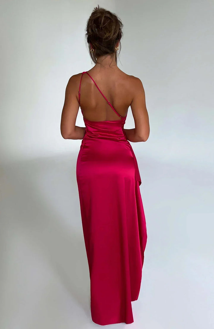 Pleated Slit Dress with One-Shoulder
