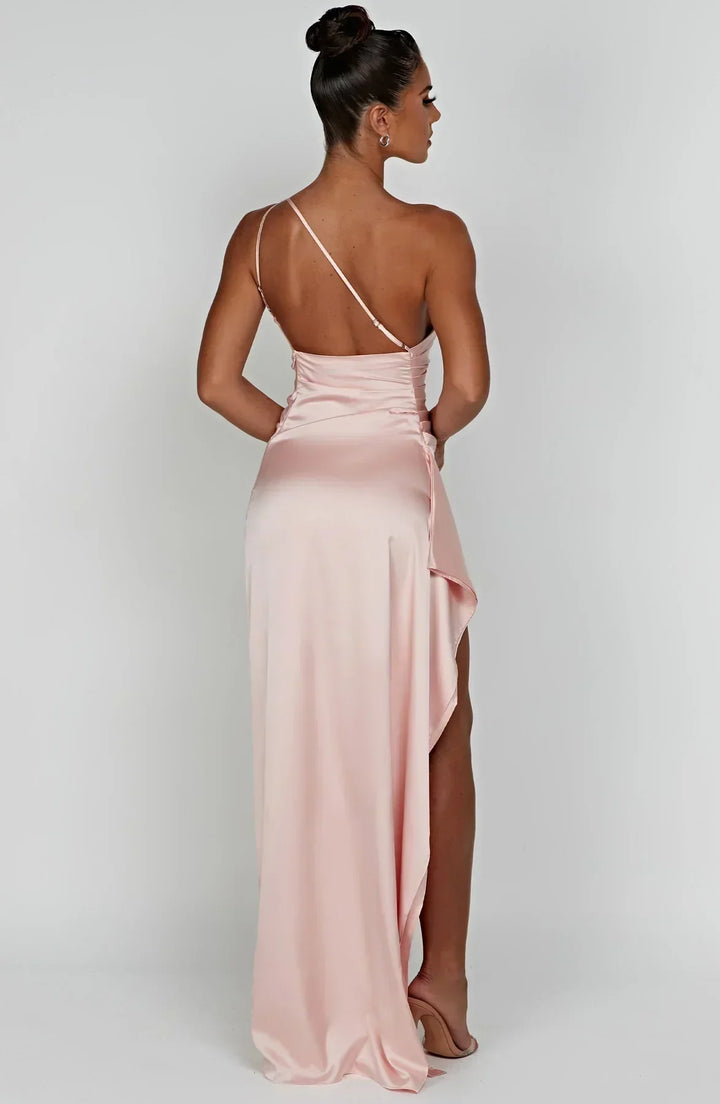Pleated Slit Dress with One-Shoulder
