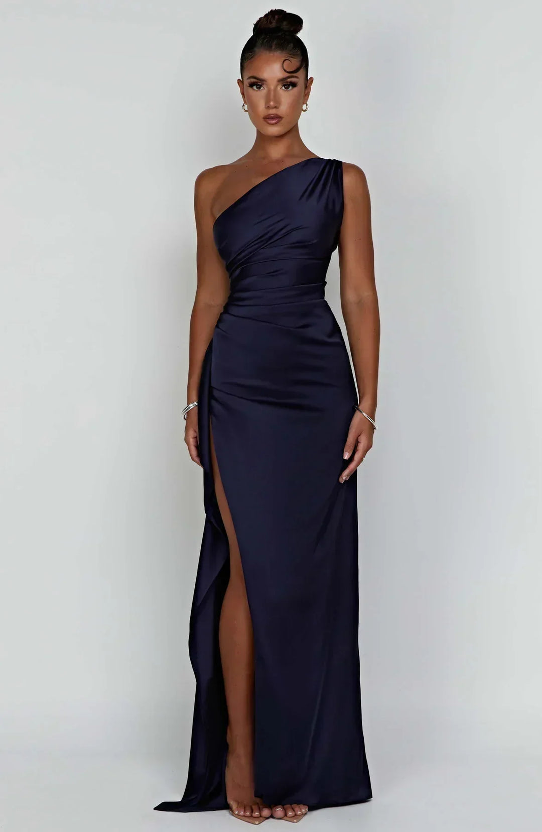 Pleated Slit Dress with One-Shoulder