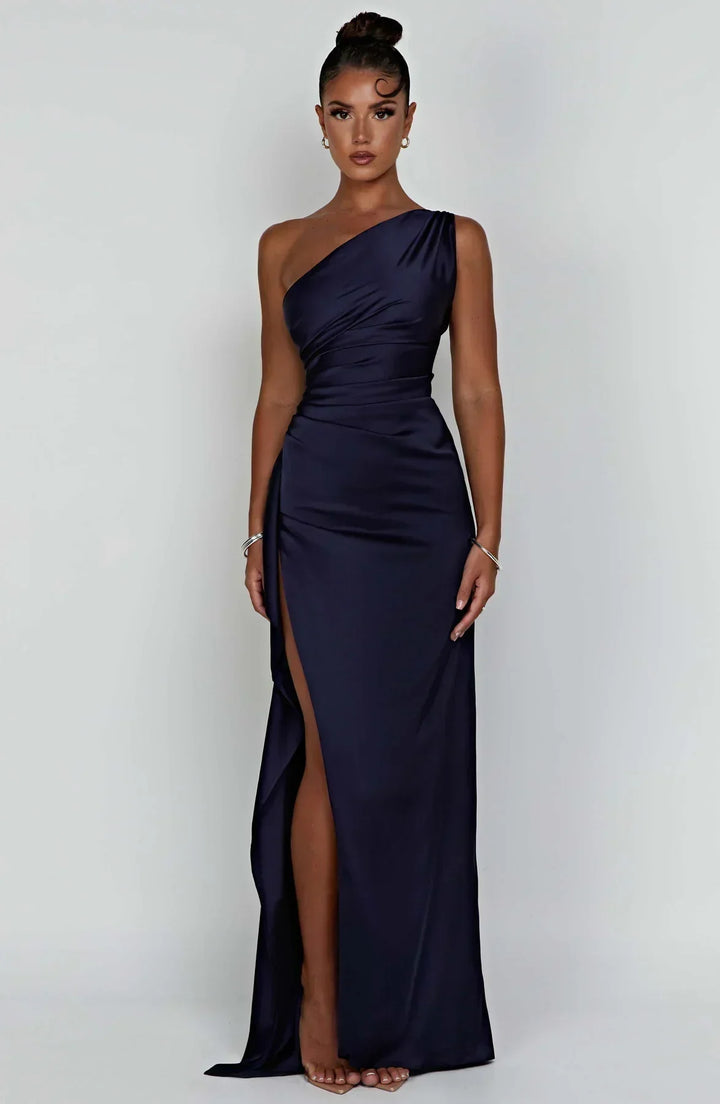 Pleated Slit Dress with One-Shoulder