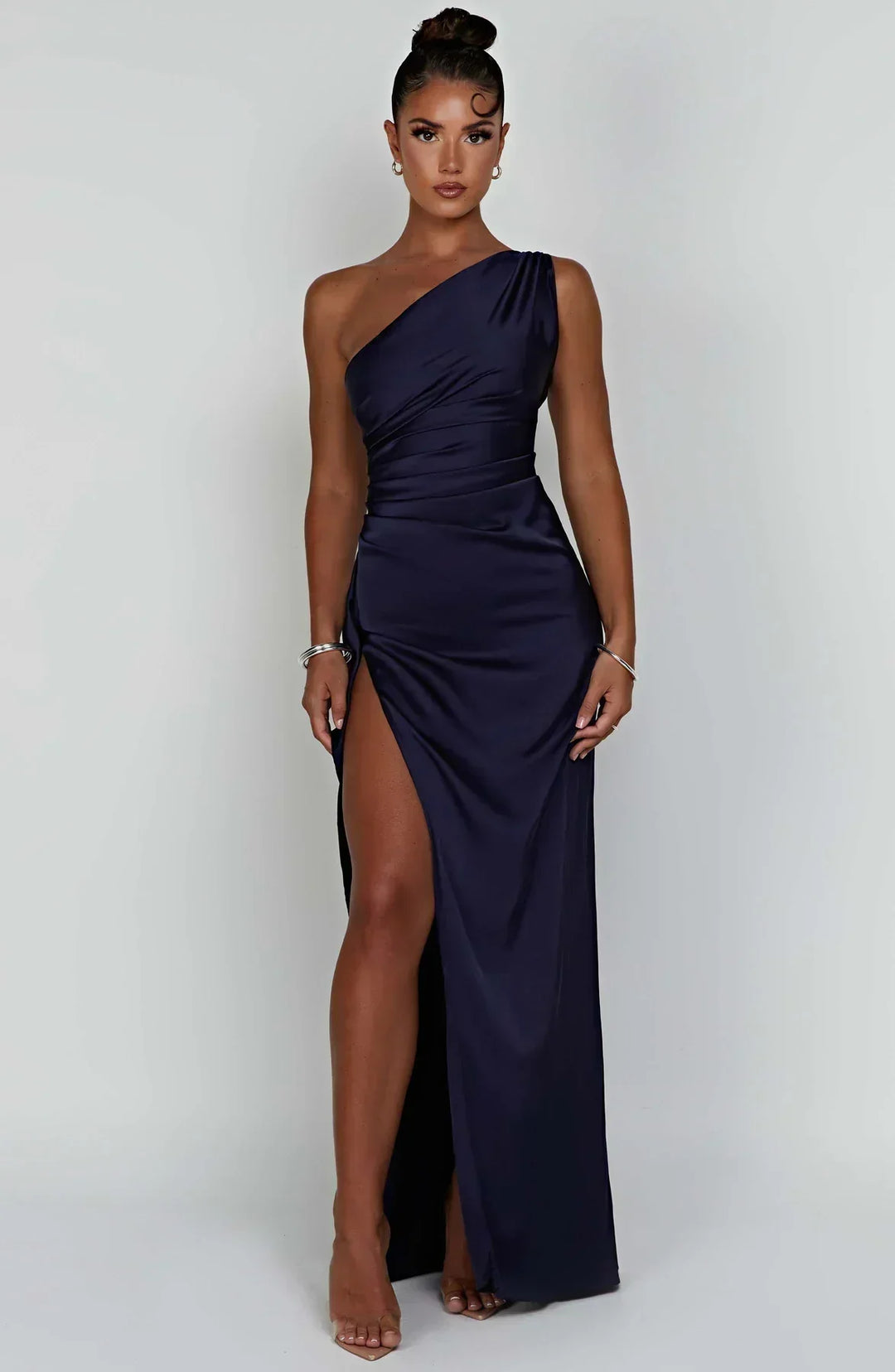 Pleated Slit Dress with One-Shoulder