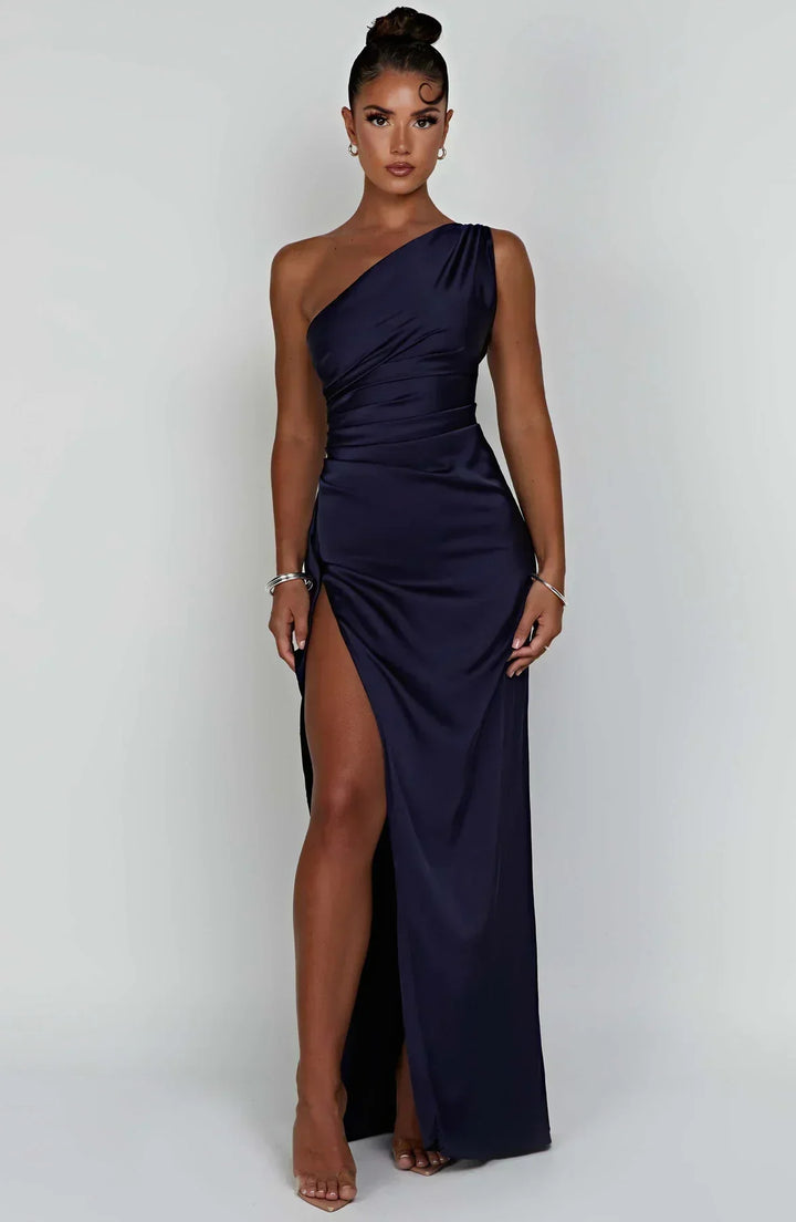 Pleated Slit Dress with One-Shoulder