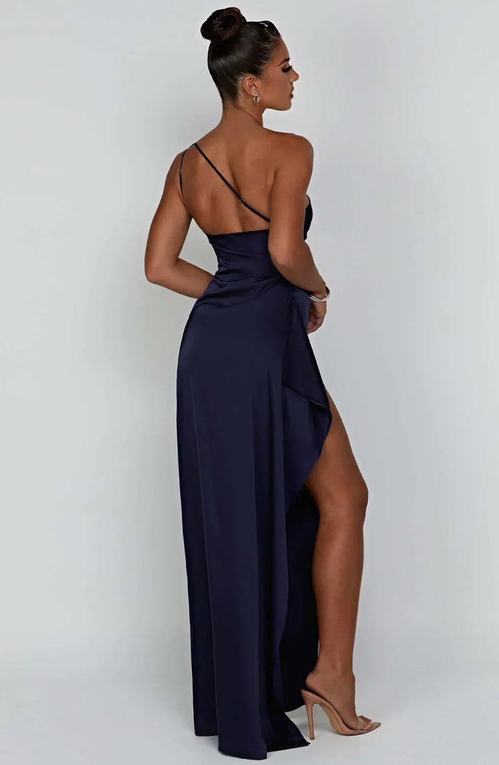 Pleated Slit Dress with One-Shoulder
