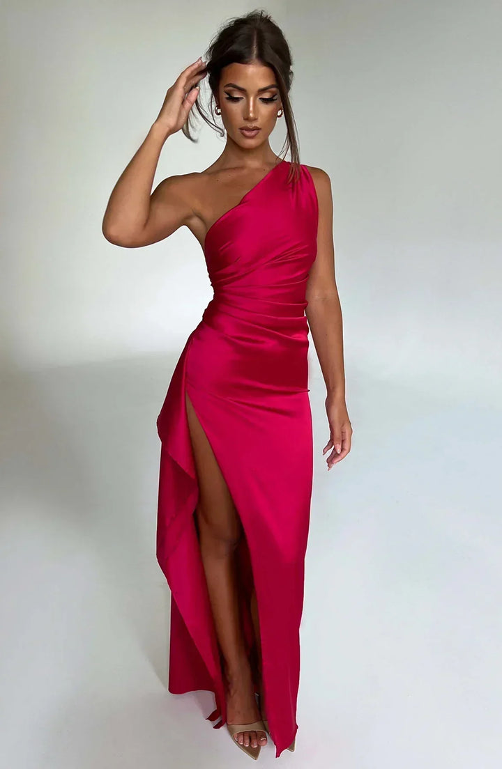 Pleated Slit Dress with One-Shoulder