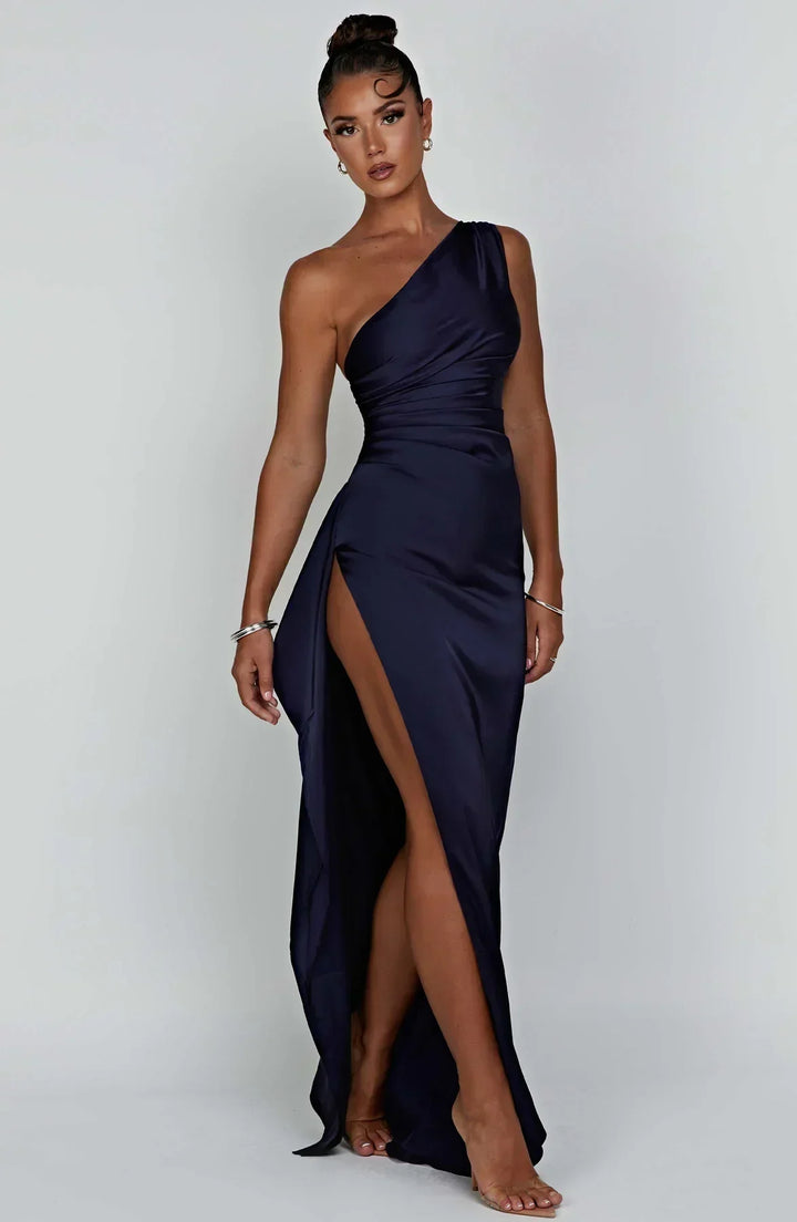 Pleated Slit Dress with One-Shoulder