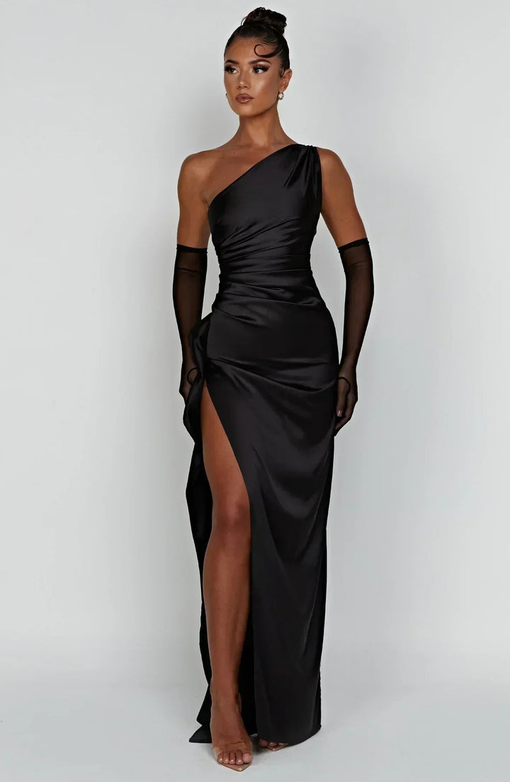Pleated Slit Dress with One-Shoulder