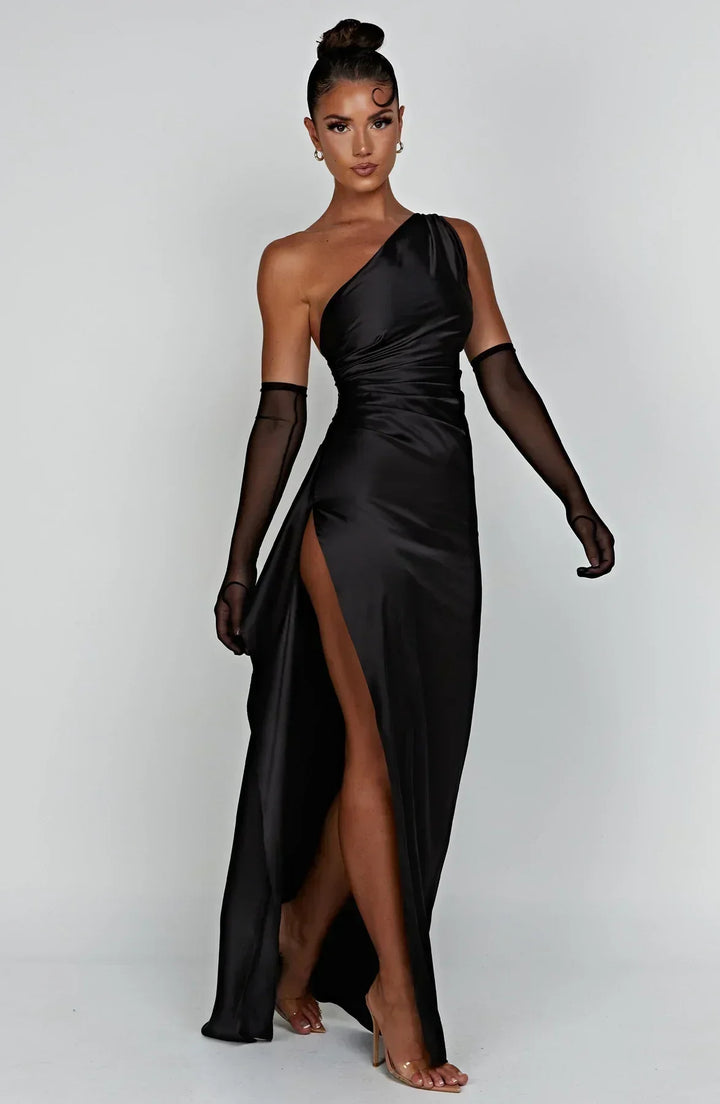Pleated Slit Dress with One-Shoulder