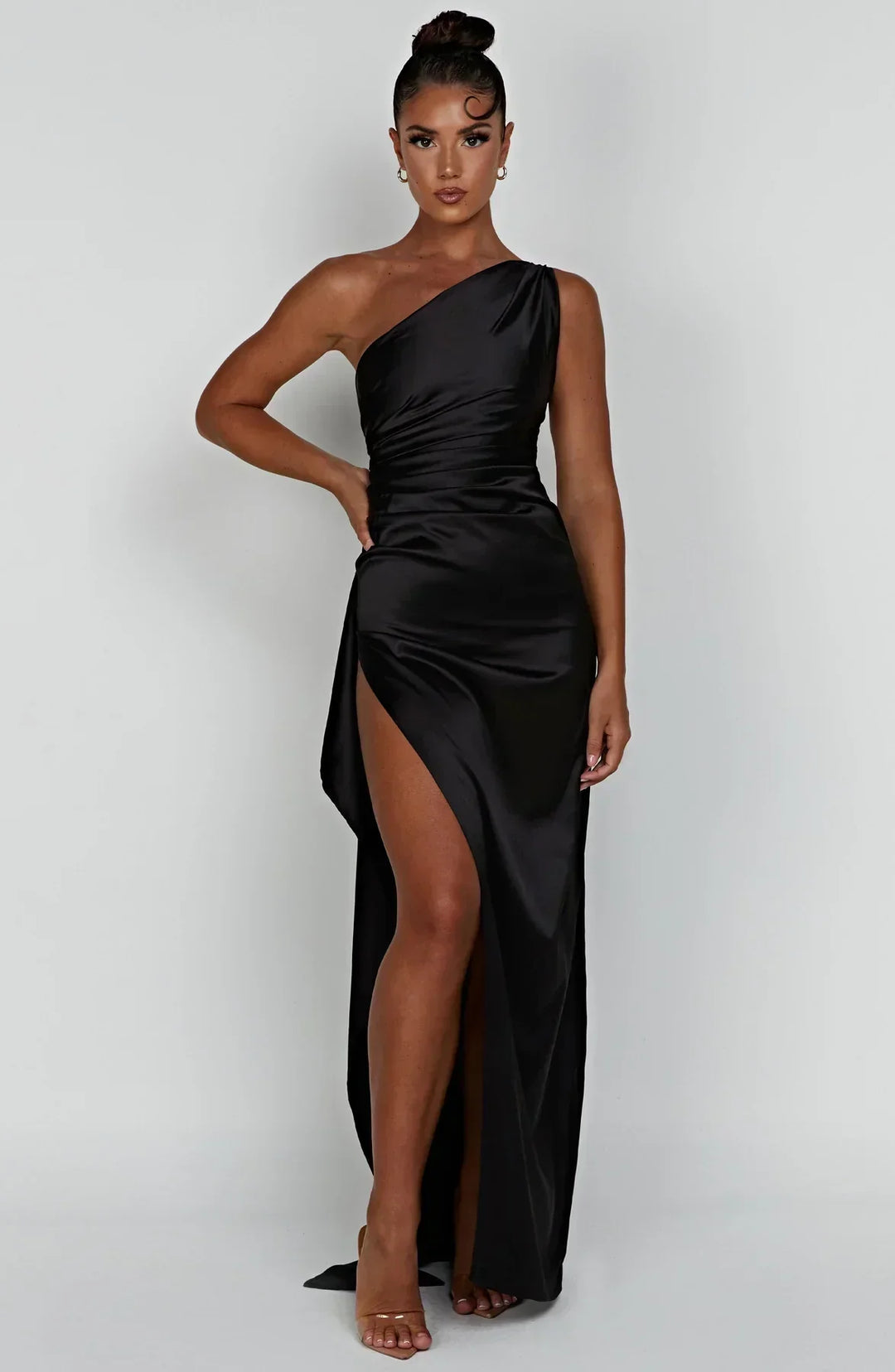Pleated Slit Dress with One-Shoulder