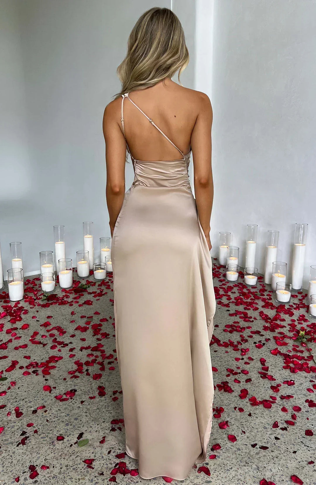 Pleated Slit Dress with One-Shoulder