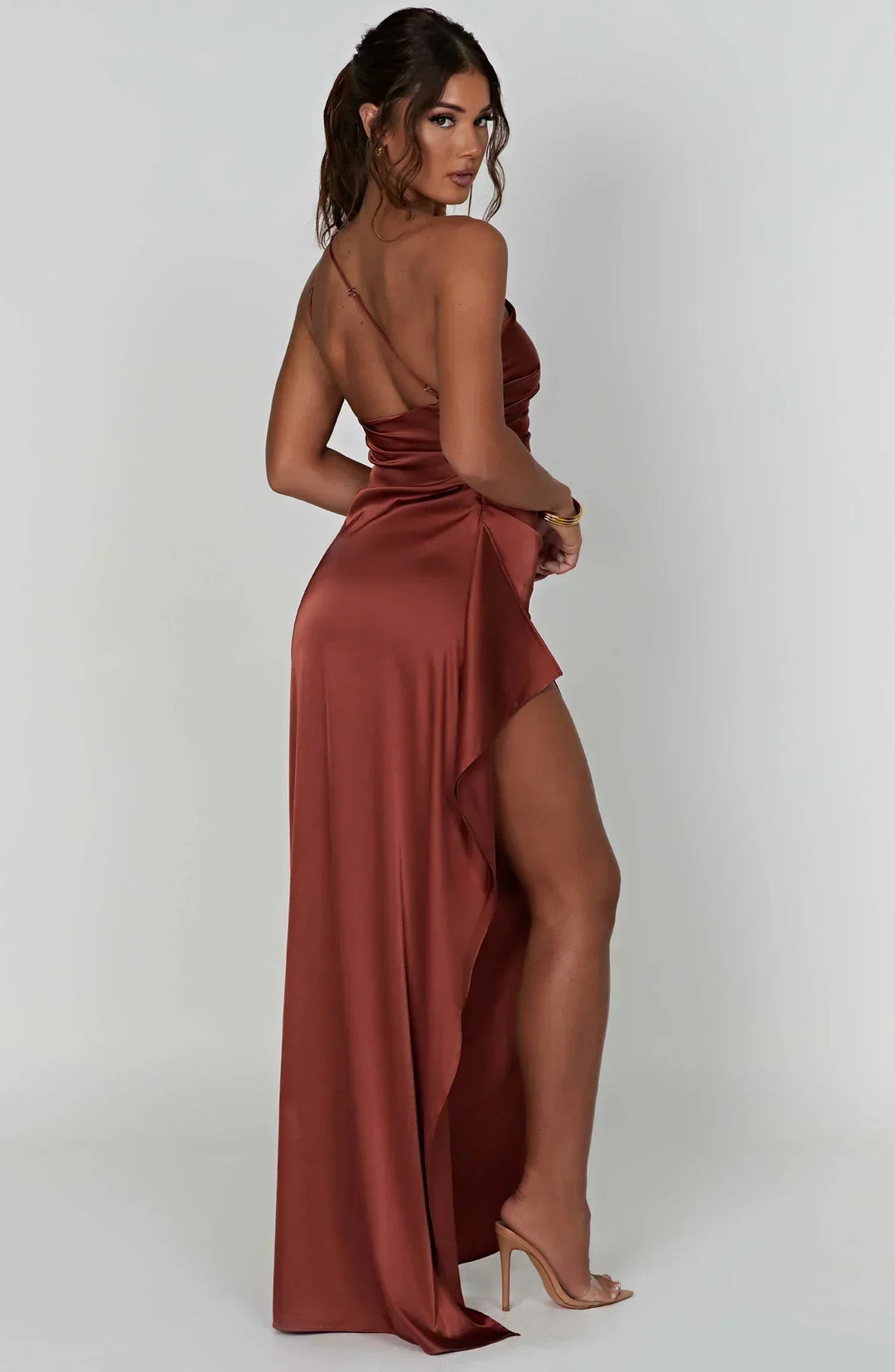 Pleated Slit Dress with One-Shoulder