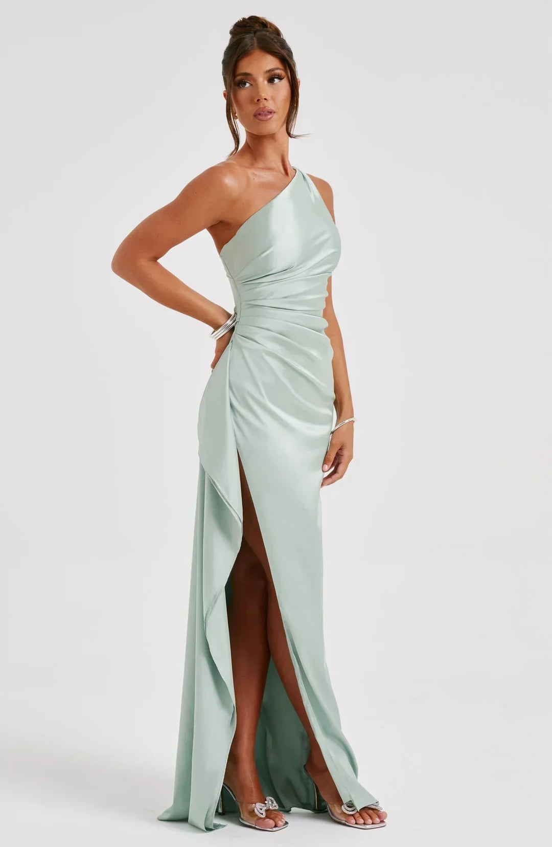 Pleated Slit Dress with One-Shoulder