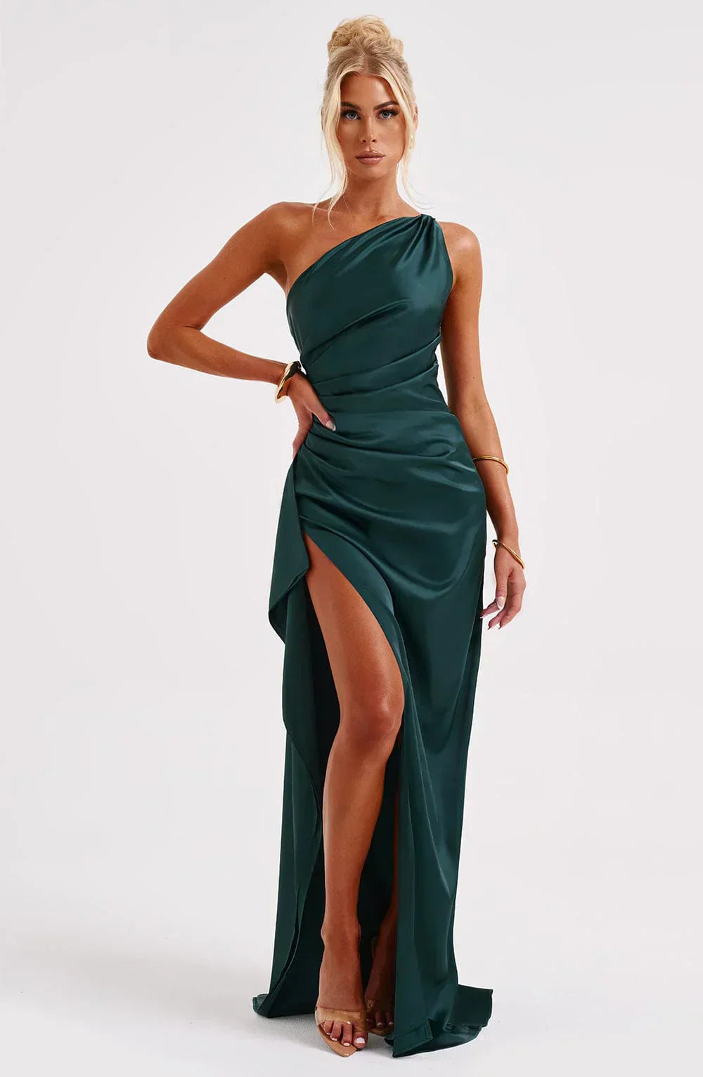 Pleated Slit Dress with One-Shoulder