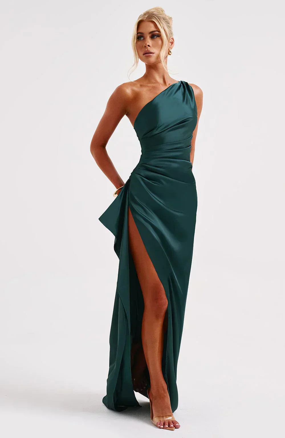 Pleated Slit Dress with One-Shoulder