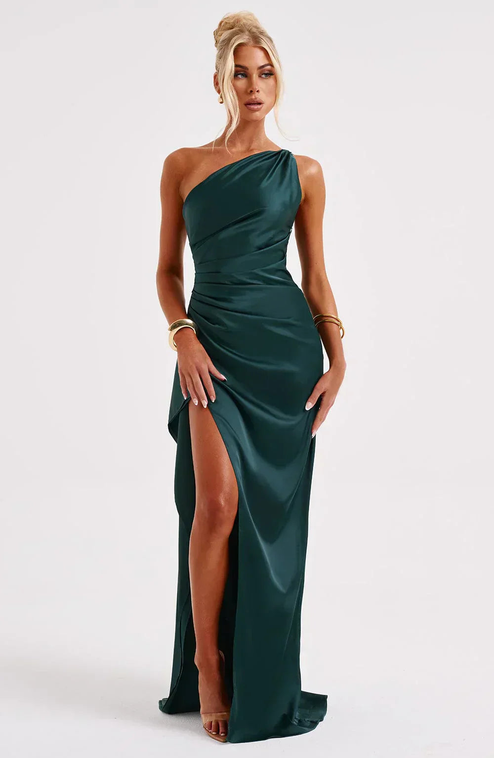 Pleated Slit Dress with One-Shoulder