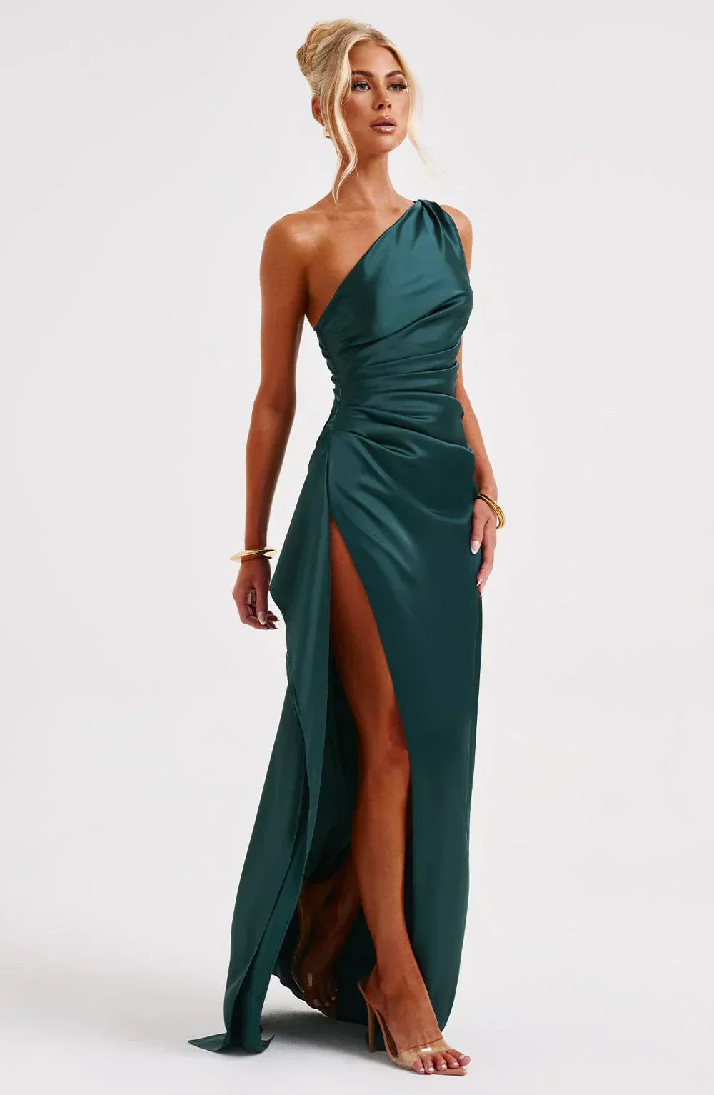 Pleated Slit Dress with One-Shoulder