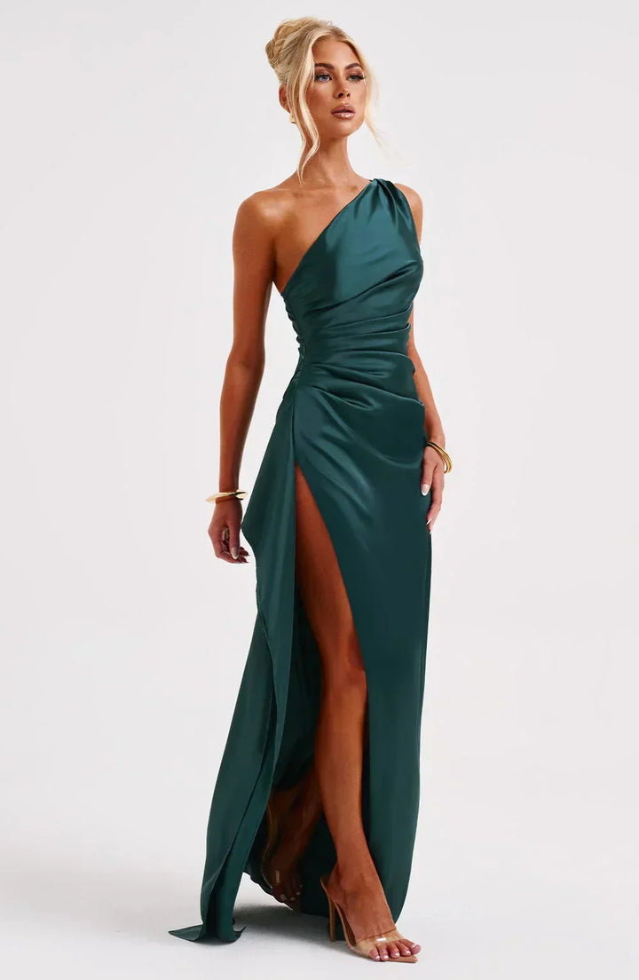 Pleated Slit Dress with One-Shoulder